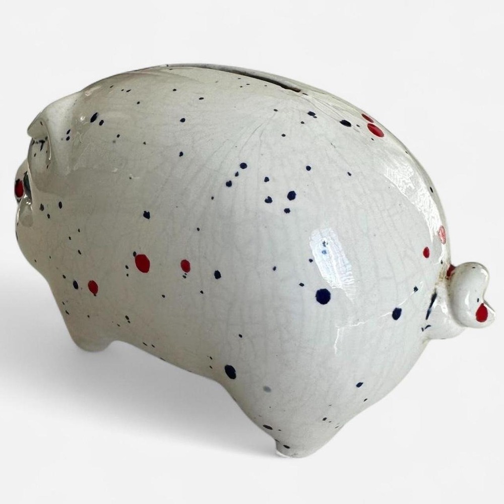 Vintage handmade Ceramic Piggy Bank Splatter Paint White - Picture 2 of 8